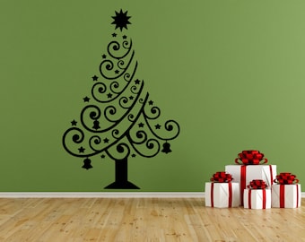 Christmas Tree Vinyl Wall Decal, Decor, Sticker, Free US Shipping, Black or White, 12.6" X 18"