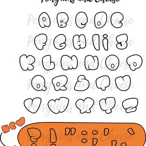 May include: A black and white alphabet in bubble letters, with the words "Penguins and Cheese" at the top. An orange shape at the bottom contains punctuation marks and the word "NEW".