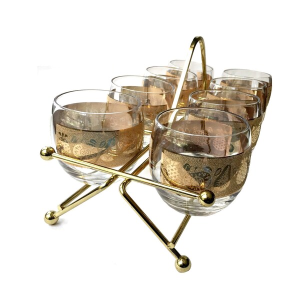 Set of Eight Culver Glass Roly Poly Lowballs. 22 kt Florentine Pattern with Atomic Style Carrying Rack.