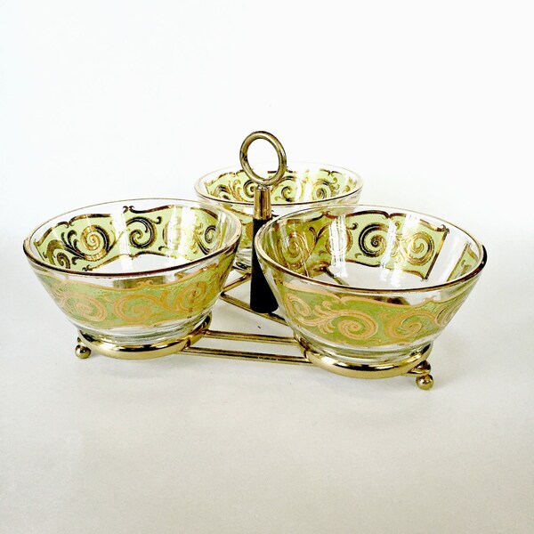 Gold Finished Mid Century Modern Culver Condiment Caddie. Three Section Serving Piece with Glass Bowls and Ring Handle.