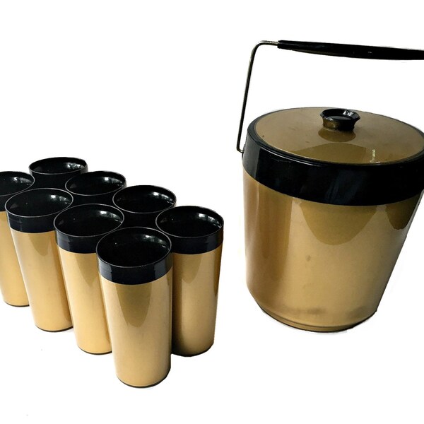 West Bend Thermo-Serv Ice Bucket and Matching Tumblers. Mid Century Barware or Party Set.