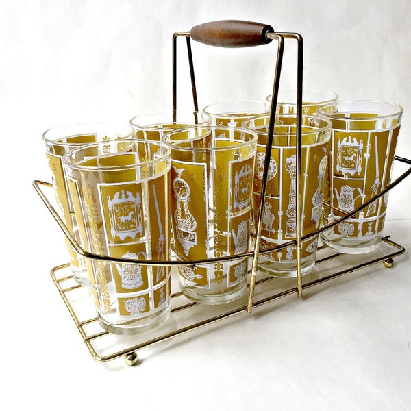 Set of Eight Mid Century Americana Glass Tumblers with Carrier. Green Overlay Mid Mod Design with Brass and Wood Caddie.