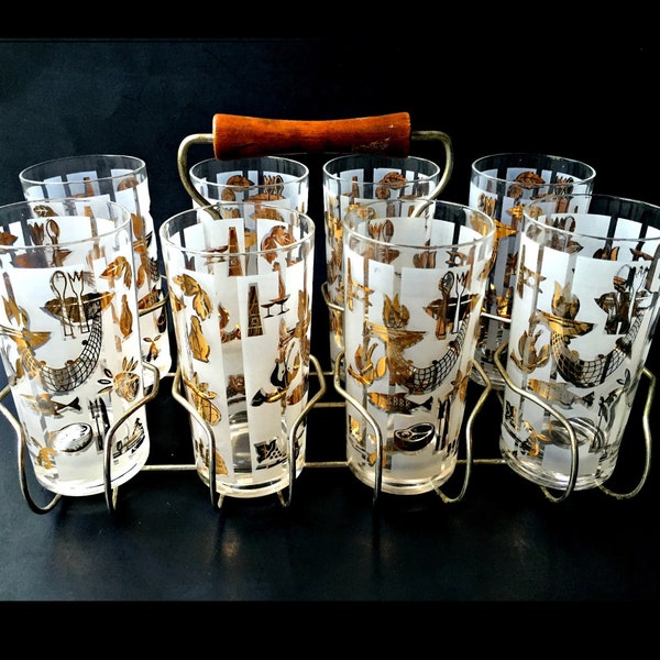 Set of Eight Mid Century Frosted Highball Glasses. Madmen Era Barware with Carrying Rack.