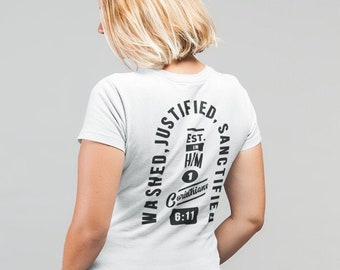 1 Corinthians 6:11 Black and White Organic T-Shirt for Women, Back Printed Tee, front detail logo, Christian T Shirt, Jesus Faith Clothing,
