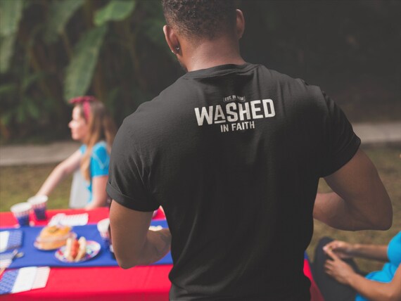 WASHED IN FAITH || Fairwear Foundation | Organic 100% Cotton | Christian Gifts for Him | Mens Black Shirt | Christian Baptism Gift | Vegan