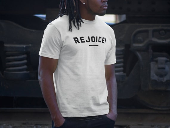 REJOICE! || Fairwear Foundation | Organic 100% Cotton | Mens Inspirational Christian Faith T Shirt | Bible Verse Baptism Gift | Vegan