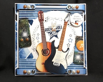 Biglietto di auguri con chitarra elettrica, decoupage 3D, rock and roll, buon compleanno, fatto a mano nel Regno Unito