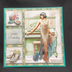 Art deco elegante dame, groen en goud, 3D-decoupage, handgemaakt in het Verenigd Koninkrijk