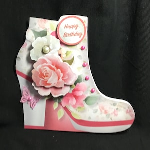 Cartão de aniversário floral em formato de bota, cartão de decoupage, feito à mão no Reino Unido