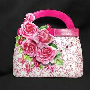 Carte de découpage 3D en forme de sac à main, personnalisée, roses roses et fuchsias, votre jour spécial, carte d'anniversaire, faite main au Royaume-Uni