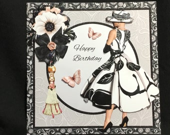 Elegant Lady, 3D Decoupage Card, Black and White, Personalised, Handmade In The UK