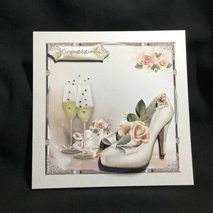 Cartão de casamento de luxo, cartão de sapato, cartão de decoupage 3D, personalizado, feito à mão no Reino Unido