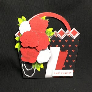 Art Deco handtasvormige 3D-decoupagekaart, gepersonaliseerd, Moederdag, verjaardagskaart, zwart en rood, handgemaakt in het Verenigd Koninkrijk