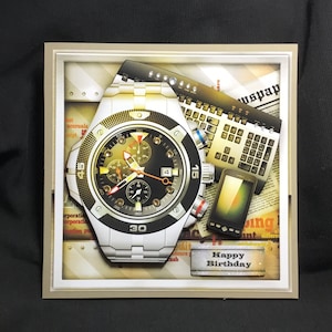 Grande orologio da uomo, carta decoupage 3D, biglietto di compleanno, fatto a mano nel Regno Unito