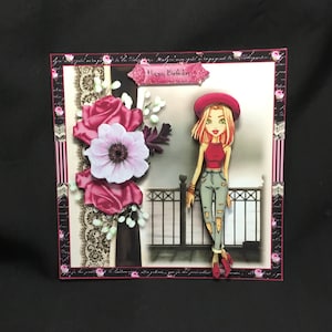 Biglietto di auguri per adolescenti, decoupage 3D, rosa e nero, personalizzato, fatto a mano nel Regno Unito