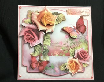 Roses And Butterflies 3D Decoupage Card, Happy Birthday, Personalised, Handmade In The UK