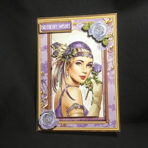 Carta decoupage 3D Art Deco scintillante, carta stile anni '20, viola e oro, personalizzata, fatta a mano nel Regno Unito