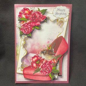 Rosa Schuh, Blumen und ein Zaunkönig, Geburtstagskarte, Muttertag, Dankes-Karte, 3D-Decoupage, handgemacht in Großbritannien