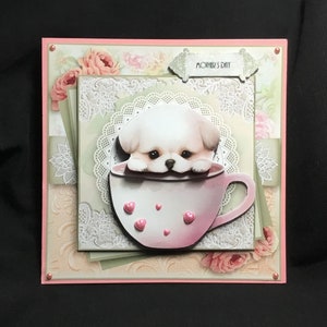 Pup In A Cup 3D Decoupage Card, gepersonaliseerd, Moederdagkaart of verjaardagskaart, handgemaakt in het Verenigd Koninkrijk