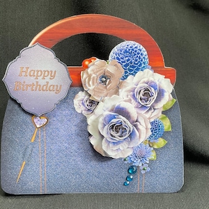 Handtasvormige 3D-decoupagekaart, gepersonaliseerd, donkere denimblauwe tas, Your Special Day, verjaardagskaart, handgemaakt in het Verenigd Koninkrijk