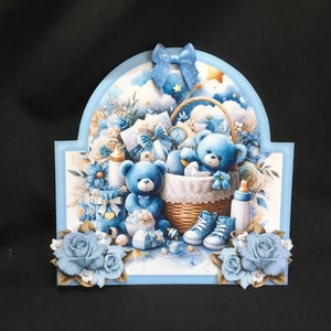 New Baby Card 3D Decoupage, Blue Teddy's, personnalisation, fait main au Royaume-Uni