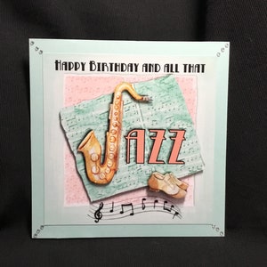 Cartão de música, cartão de jazz, decoupage 3D, cartão de aniversário, feito à mão no Reino Unido