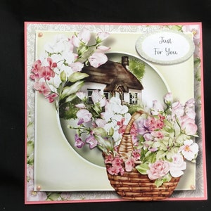 A Cottage with a Basket of Sweet Peas, 3D Decoupage Card, Personalised, Handmade In The UK