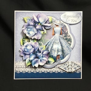 Elegant Lady, 3D-decoupagekaart, blauw en wit, gepersonaliseerd, handgemaakt in het Verenigd Koninkrijk