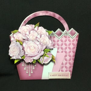 Art deco handtas gevormde 3D-decoupagekaart, gepersonaliseerd, Moederdag, verjaardagskaart, diep lila met bleke lila rozen, handgemaakt in het Verenigd Koninkrijk