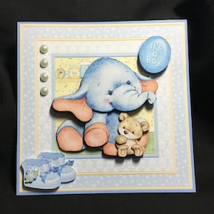 È un ragazzo, un elefante e un orso, decoupage 3D, personalizzazione, fatto a mano nel Regno Unito