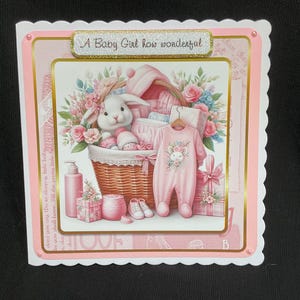 C'est une fille, Lapin dans un panier, rose et blanc, découpage 3D, personnalisation, fait main au Royaume-Uni