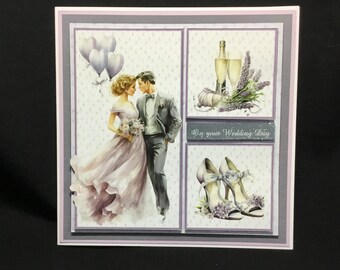 Biglietto di nozze, biglietto di anniversario, decoupage 3D, sposa e sposo, grigio e lilla, personalizzato, fatto a mano nel Regno Unito