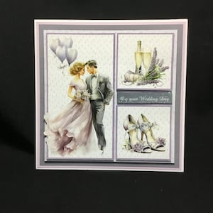Trouwkaart, jubileumkaart, 3D-decoupage, bruid en bruidegom, grijs en lila, gepersonaliseerd, handgemaakt in het Verenigd Koninkrijk