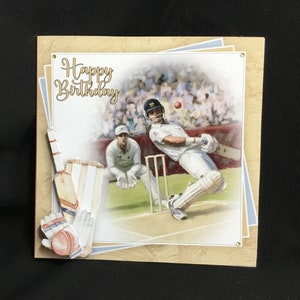 Partita di cricket, biglietto decoupage 3D, biglietto di compleanno, fatto a mano nel Regno Unito
