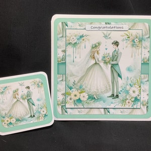 Cartão de casamento azul-petróleo, mais cartão-presente, decoupage 3D, noiva e noivo, azul-petróleo e branco, personalizado, feito à mão no Reino Unido