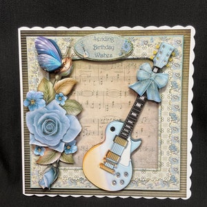 Blauwe gitaarkaart, 3D-decoupage, Happy Birthday, handgemaakt in het Verenigd Koninkrijk