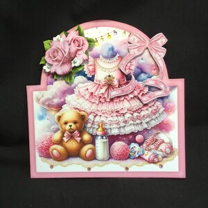 Carte de vœux 3D pour bébé, robe rose, personnalisation, fait main au Royaume-Uni