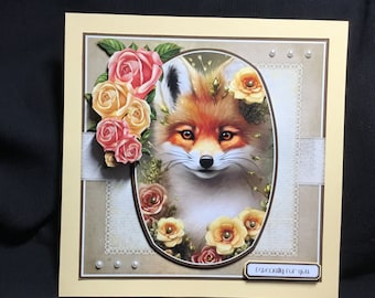 Handmade 3D Fox & Flower Decoupage Card: Personalized Birthday or Mother's Day