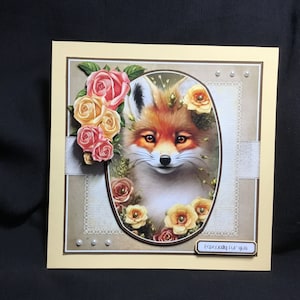 Bellissimo biglietto decoupage 3D con volpe e fiori, biglietto di compleanno o biglietto per la festa della mamma, personalizzato, fatto a mano nel Regno Unito