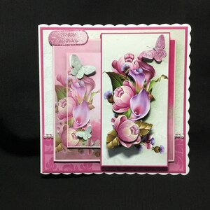 Floral Stacker 3D Decoupage Card, roze en lila, gepersonaliseerd, handgemaakt in het Verenigd Koninkrijk