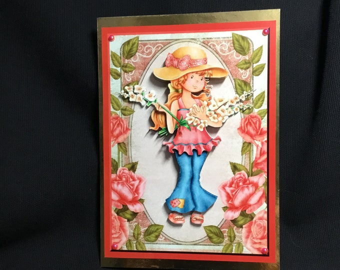 Girl With Flowers, 3D Decoupage, Birthday Card,Personalised, Handmade In The UK