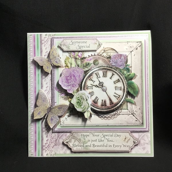 Vintage Style Card, Clock And Flowers, 3D Decoupage Card, Personalised, Handmade In The UK