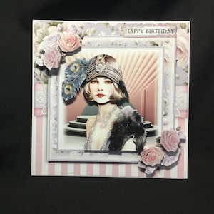 Art Deco elegante dame, roze en blauw, 3D-decoupage, handgemaakt in Groot-Brittannië