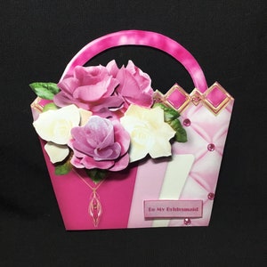 Aniversário Art Déco, cartão de decupagem 3D em formato de bolsa de dama de honra, qualquer ocasião, personalizado, rosas rosa e brancas, feito à mão no Reino Unido