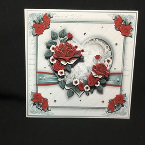 Zilveren hart rode rozen, 3D decoupage kaart, Valentijn, jubileumkaart, gepersonaliseerd, handgemaakt in het Verenigd Koninkrijk