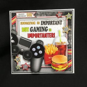 Gamecontroller, friet en hamburger, 3D-decoupagekaart, verjaardagskaart, handgemaakt in het Verenigd Koninkrijk
