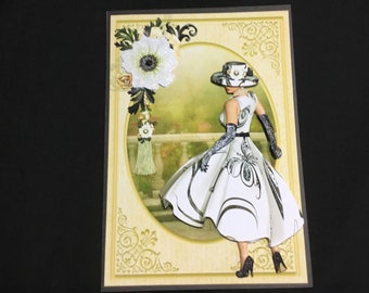 Elegante signora, carta decoupage 3D, bianco e nero, personalizzata, fatta a mano nel Regno Unito