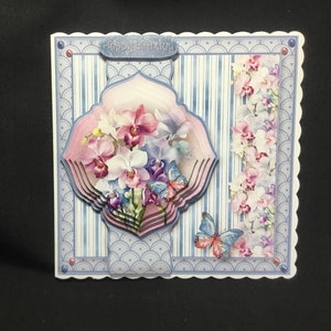Piramide 3D decoupage kaart, orchideeën en vlinders, verjaardag, Moederdag, elke gelegenheid, gepersonaliseerd, handgemaakt in het Verenigd Koninkrijk