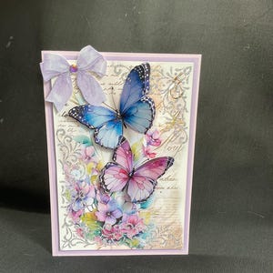 Bellissimo biglietto di auguri di compleanno con farfalle rosa e blu, compleanno, ringraziamento, decoupage 3D, fatto a mano nel Regno Unito