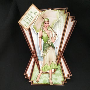 Carte de découpage 3D Art déco, style des années 1920, robe verte, personnalisée, faite main au Royaume-Uni